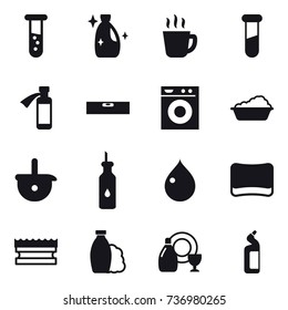 16 vector icon set : vial, cleanser, hot drink, level, washing machine, washing, drop, sponge, shampoo, dish cleanser, toilet cleanser