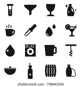 16 vector icon set : vial, funnel, wineglass, cleanser, hot drink, cocktail, drop, washing machine, cup, corkscrew, cauldron, barrel, shampoo