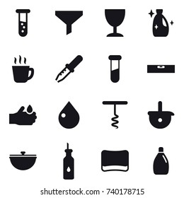 16 vector icon set : vial, funnel, wineglass, cleanser, hot drink, level, drop, corkscrew, cauldron, sponge