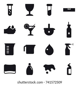 16 vector icon set : vial, wineglass, level, cocktail, measuring cup, drop, sprayer, sponge, cleanser, spot, toilet cleanser