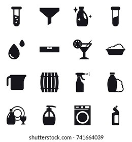 16 vector icon set : vial, funnel, cleanser, level, cocktail, washing, measuring cup, barrel, sprayer, shampoo, dish cleanser, liquid soap, washing machine, toilet cleanser