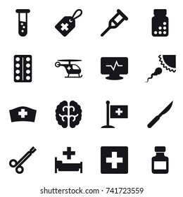 16 vector icon set : vial, hospital, first aid, pills bottle