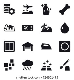 16 vector icon set : virtual mining, weather management, cleanser, project, ticket, surfer, drop, power switch, garage, iron, ring button, rain cloud, clean floor, toilet brush