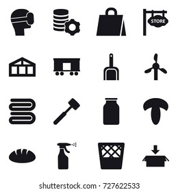 16 vector icon set : virtual mask, virtual mining, shopping bag, store signboard, greenhouse, scoop, towel, meat hammer, bread, sprayer, trash bin, package