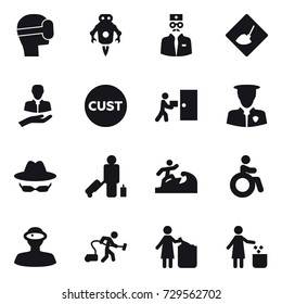 16 vector icon set : virtual mask, jet robot, under construction, passenger, surfer, invalid, vacuum cleaner, garbage bin