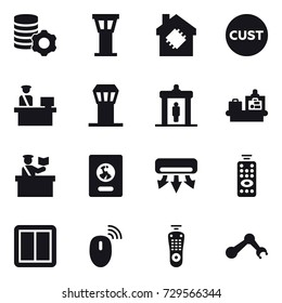 16 vector icon set : virtual mining, airport tower, smart house, detector, baggage checking, inspector, passport, air conditioning, remote control, power switch