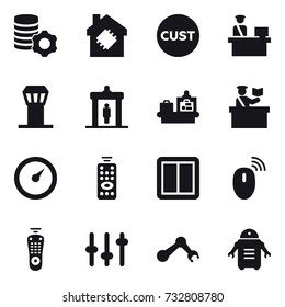 16 vector icon set : virtual mining, smart house, airport tower, detector, baggage checking, inspector, barometer, remote control, power switch