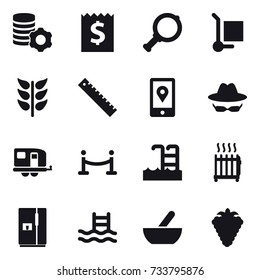 16 vector icon set : virtual mining, receipt, magnifier, cargo stoller, ruler, trailer, vip fence, pool, radiator, fridge, mortar, berry