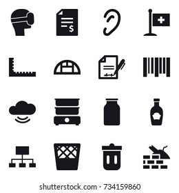 16 vector icon set : virtual mask, account balance, ruler, greenhouse, hierarchy, trash bin, construct garbage