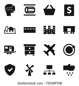 16 vector icon set : virtual mask, nanotube, basket, receipt, project, bunker, palace, trailer, nightstand, windmill, hierarchy, sow