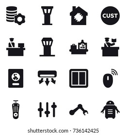16 vector icon set : virtual mining, airport tower, smart house, baggage checking, inspector, passport, air conditioning, power switch