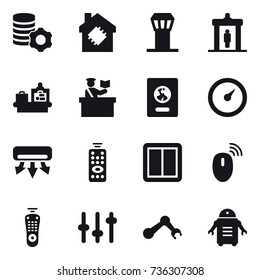 16 vector icon set : virtual mining, smart house, airport tower, detector, baggage checking, inspector, passport, barometer, air conditioning, remote control, power switch