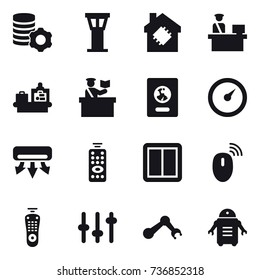 16 vector icon set : virtual mining, airport tower, smart house, baggage checking, inspector, passport, barometer, air conditioning, remote control, power switch