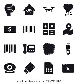 16 vector icon set : virtual mask, wireless home, drone, cardio chip, receipt, barcode, calculator, intercome