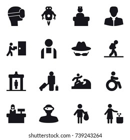 16 vector icon set : virtual mask, jet robot, tourist, detector, passenger, surfer, invalid, reception, trash, garbage bin