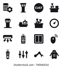 16 vector icon set : virtual mining, airport tower, baggage checking, inspector, barometer, air conditioning, remote control, power switch