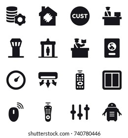 16 vector icon set : virtual mining, smart house, airport tower, detector, inspector, passport, barometer, air conditioning, remote control, power switch
