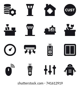 16 vector icon set : virtual mining, airport tower, smart house, baggage checking, inspector, barometer, air conditioning, remote control, power switch
