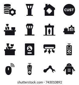 16 vector icon set : virtual mining, airport tower, smart house, detector, baggage checking, inspector, passport, air conditioning, remote control