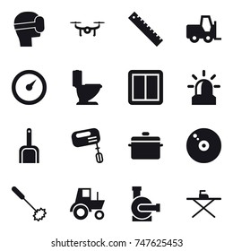 16 vector icon set : virtual mask, drone, ruler, barometer, toilet, power switch, alarm, scoop, mixer, pan, whisk, tractor, water pump, iron board