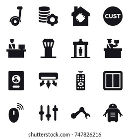 16 vector icon set : virtual mining, smart house, airport tower, detector, inspector, passport, air conditioning, remote control, power switch