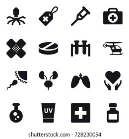 16 vector icon set : virus, uv cream, first aid, pills bottle