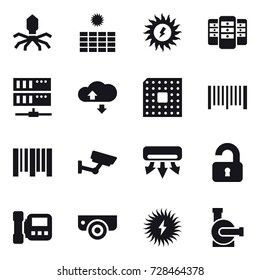 16 vector icon set : virus, sun power, server, cloude service, cpu, barcode, surveillance, air conditioning, unlocked, intercome, surveillance camera, water pump