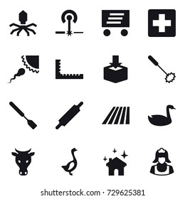 16 vector icon set : virus, laser, delivery, ruler, whisk, spatula, rolling pin, field, goose, cow, house cleaning, cleaner
