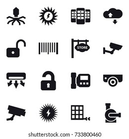 16 vector icon set : virus, sun power, server, cloude service, unlock, barcode, store signboard, surveillance, air conditioning, unlocked, intercome, surveillance camera, water pump