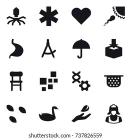 16 vector icon set : virus, draw compass, chair, colander, seeds, goose, hand leaf, cleaner