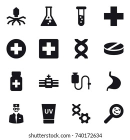 16 vector icon set : virus, flask, vial, uv cream, viruses