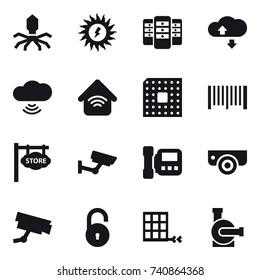 16 vector icon set : virus, sun power, server, cloude service, cloud wireless, wireless home, cpu, barcode, store signboard, surveillance, intercome, surveillance camera, water pump