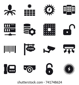 16 vector icon set : virus, sun power, server, virtual mining, cpu, unlock, barcode, store signboard, surveillance, air conditioning, intercome, surveillance camera