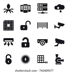 16 vector icon set : virus, server, cloude service, cpu, unlock, barcode, surveillance, air conditioning, unlocked, surveillance camera, water pump