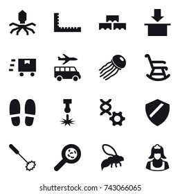 16 vector icon set : virus, ruler, block wall, transfer, jellyfish, rocking chair, slippers, whisk, viruses, wasp, cleaner