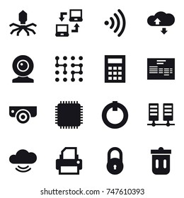 16 vector icon set : virus, notebook connect, wireless, cloude service, web cam, chip, calculator, surveillance camera, trash bin