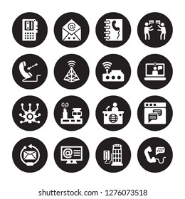 16 vector icon set : Voice recorder, Phone booth, Arroba, Reply, Text lines, Call, Incoming call, Connection, Wifi isolated on black background