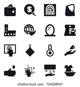 16 vector icon set : wallet, dollar arrow, fingerprint, mansion, mirror, coffee maker, rag, hand leaf, hand drop, wiping, hand dryer, handle washing