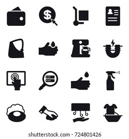 16 vector icon set : wallet, dollar arrow, cargo stoller, coffee maker, hand drop, sprayer, soap, wiping, hand dryer, handle washing