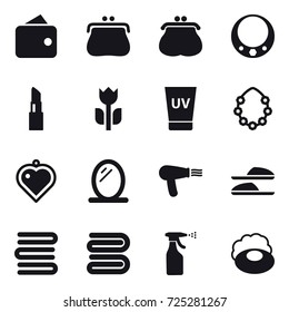 16 vector icon set : wallet, purse, necklace, lipstick, uv cream, hawaiian wreath, heart pendant, mirror, hair dryer, slippers, towels, towel, sprayer, soap
