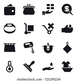 16 vector icon set : wallet, purse, gift, dollar arrow, smart bracelet, cargo stoller, curtain, mixer, rag, scraper, hand and drop, handle washing