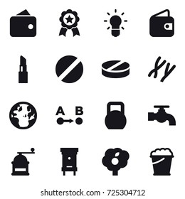 16 vector icon set : wallet, medal, bulb, lipstick, water tap, hand mill, hive, garden, foam bucket