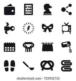16 vector icon set : wallet, abacus, chess horse, molecule, satellite, lightning, bow, tv, antique column, curtain, mixer, slippers, ladle, stack of towels