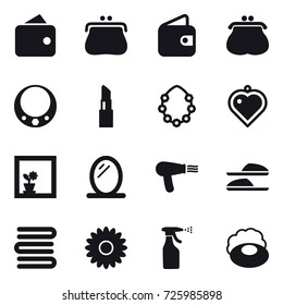 16 vector icon set : wallet, purse, necklace, lipstick, hawaiian wreath, heart pendant, flower in window, mirror, hair dryer, slippers, towels, flower, sprayer, soap