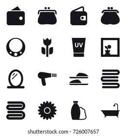 16 vector icon set : wallet, purse, necklace, uv cream, flower in window, mirror, hair dryer, slippers, towels, towel, flower, shampoo, bath