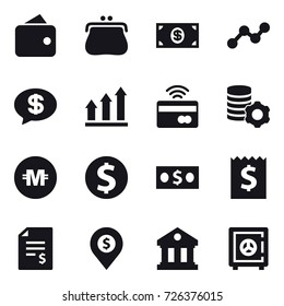 16 vector icon set : wallet, purse, money, graph, money message, graph up, tap to pay, virtual mining, crypto currency, dollar coin, receipt, account balance, dollar pin, library, safe