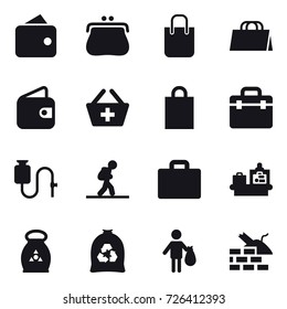 16 vector icon set : wallet, purse, shopping bag, add to basket, tourist, suitcase iocn, baggage checking, fertilizer, garbage bag, trash, construct garbage