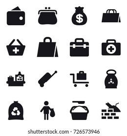 16 vector icon set : wallet, purse, money bag, shopping bag, add to basket, baggage checking, suitcase, baggage trolley, fertilizer, garbage bag, trash, washing powder, construct garbage