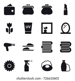 16 vector icon set : wallet, purse, lipstick, uv cream, flower in window, mirror, hair dryer, slippers, towels, towel, flower, sprayer, soap, shampoo