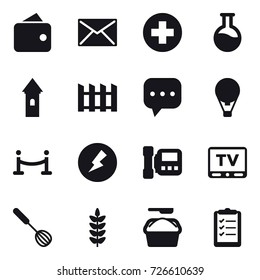 16 vector icon set : wallet, mail, tower, fence, air ballon, vip fence, electricity, intercome, tv, whisk, washing powder, clipboard list